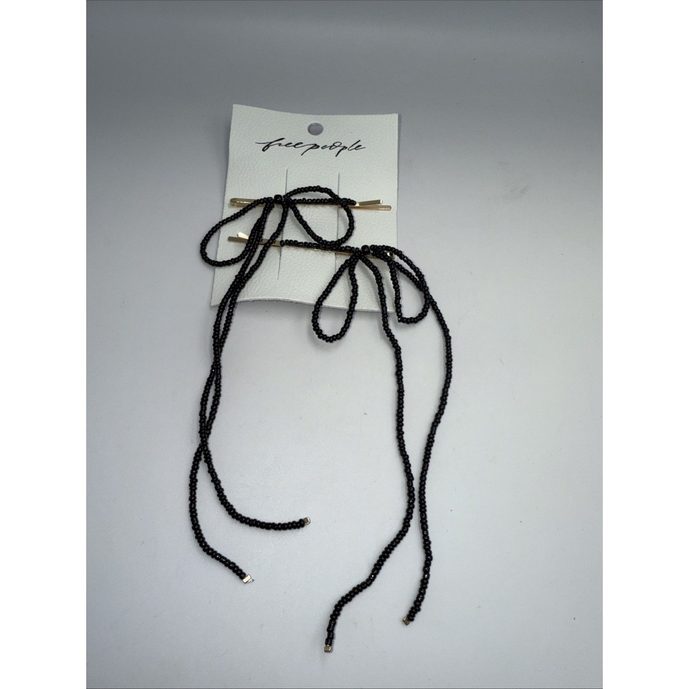 FREE PEOPLE Beaded Bow Barrette Dainty Clip Pin Hair Accessories Bead Black NWT